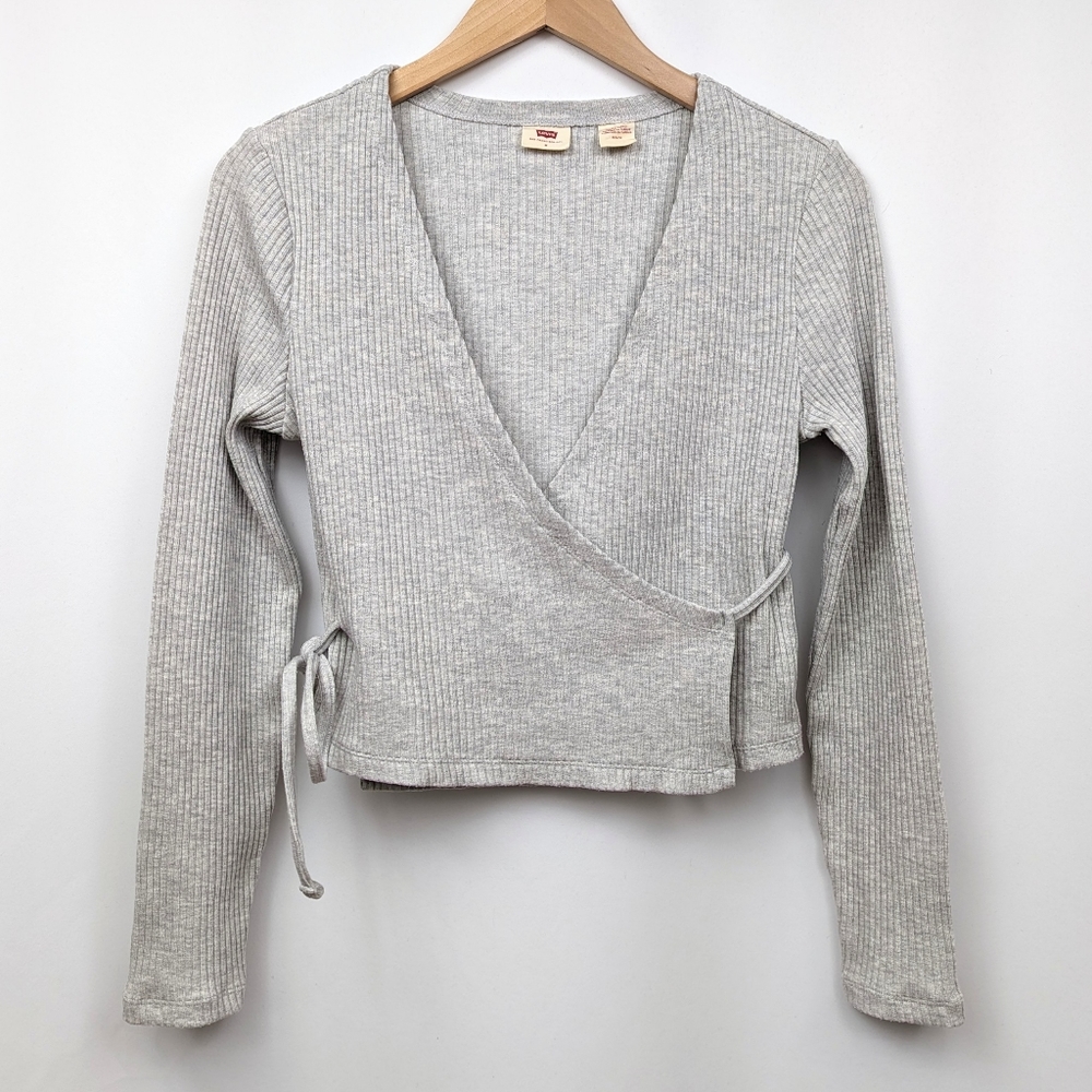 Levi's Crop Top Wrap Style Side Tie V-Neck Ribbed Long Sleeve Gray size M